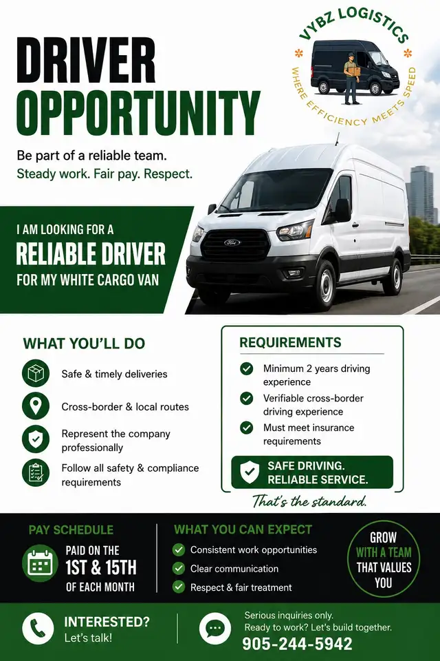 Cargo Van Driver – Local & Cross-Border Routes