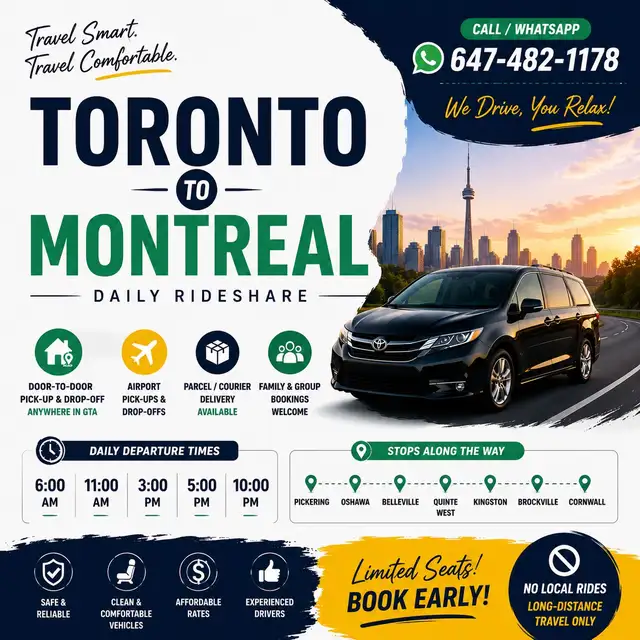 Toronto Montreal Rides | Parcel | Moving | Brampton Rideshare