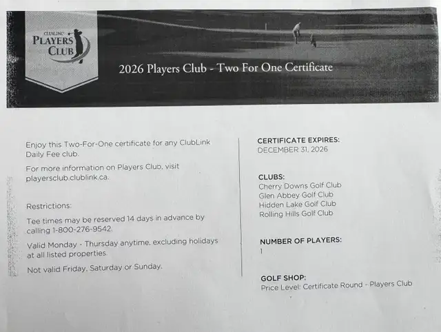 Club link 2 for 1 Certificate