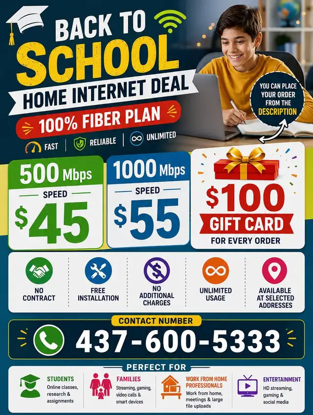 Back to School Cheap Fibre Internet |500 Mbps $45| 1000 Mbps $55