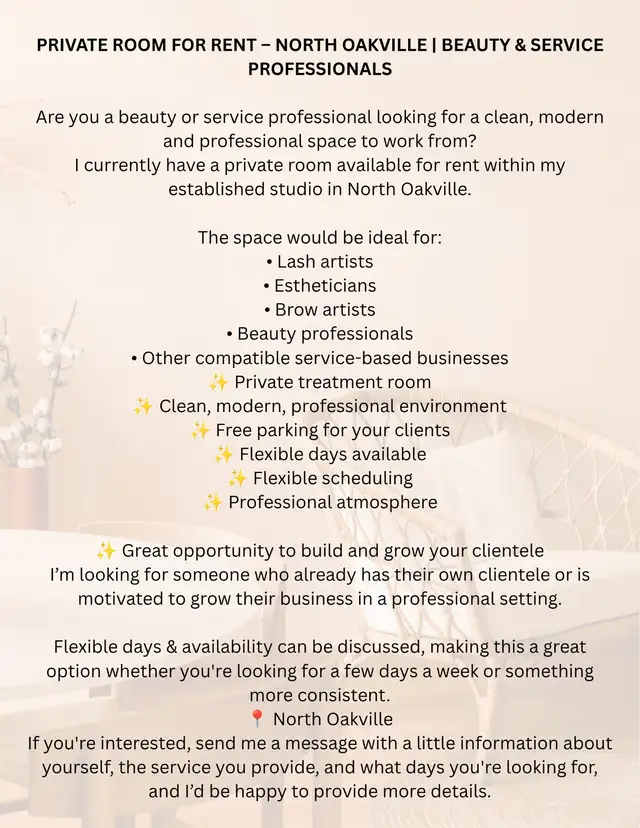 Beauty room for rent