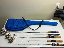 2-6’6" casting rods , 5 - ice fishing rods, 3- shimano spinning