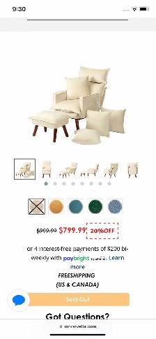 Cream fabric reclining arm chair $250.  Ottoman, 4 pillows - Photo 2