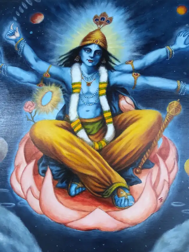 STRIKING ORIGINAL HINDU ART: GOD VISHNU (beautiful gold frame)