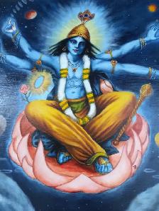 STRIKING ORIGINAL HINDU ART: GOD VISHNU (beautiful gold frame)
