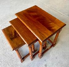 Vintage Set Of Three Walnut Wood Nesting Tables w Turned Legs
