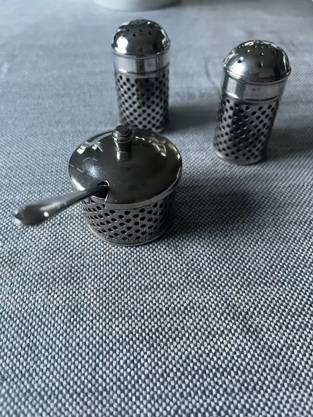 Salt & pepper and mustard jar with spoon $65.00