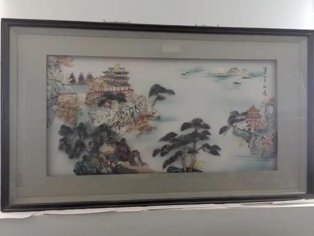 Large Vintage Chinese Framed 3D Shell Art - Mountain scene
