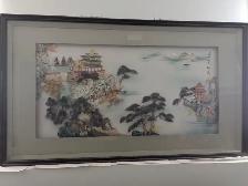 Large Vintage Chinese Framed 3D Shell Art - Mountain scene