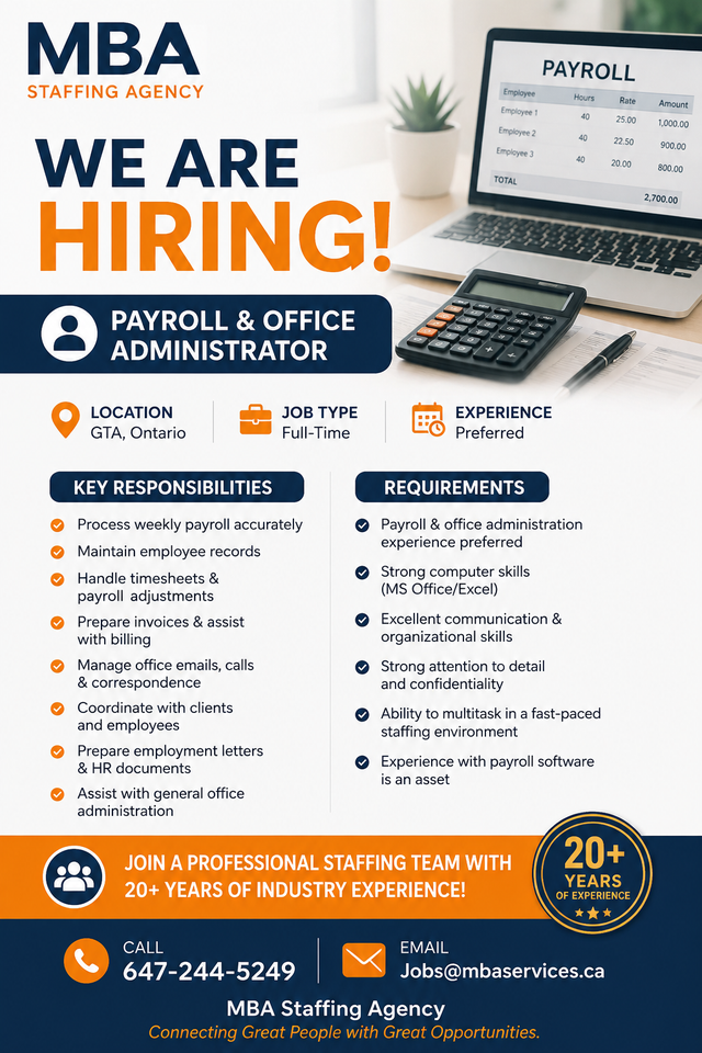 WE ARE HIRING – PAYROLL & OFFICE ADMINISTRATOR