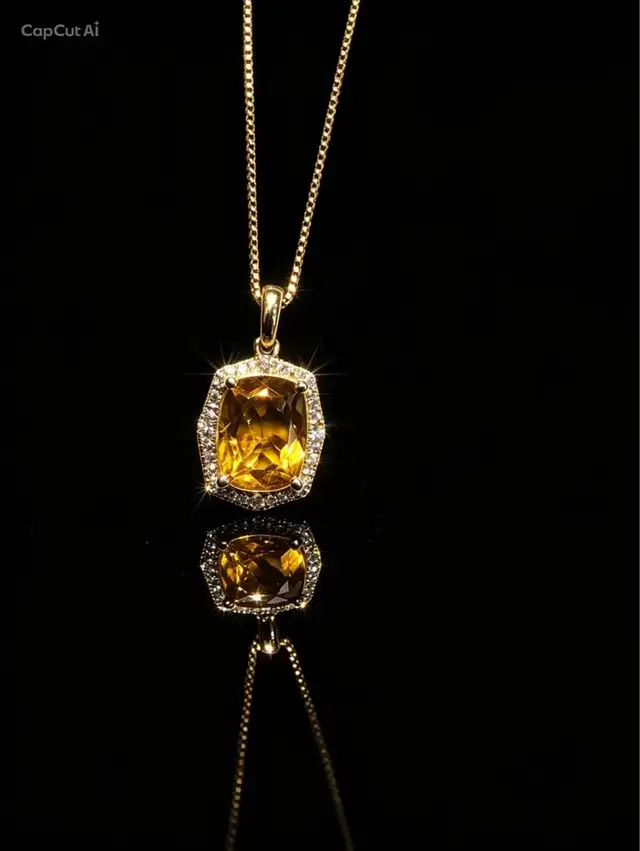 Natural 4.00Carat Citrine and Diamonds 14karat Necklace