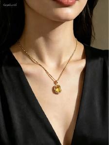 Natural 4.00Carat Citrine and Diamonds 14karat Necklace - Photo 2