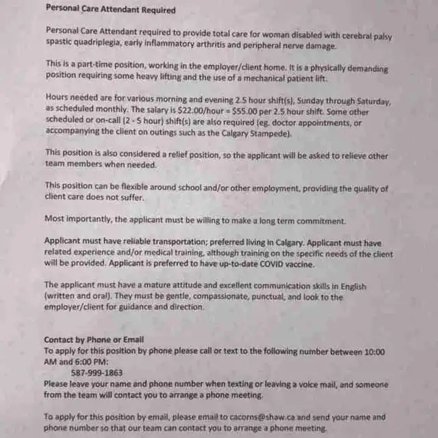 Personal Care Attendant Wanted