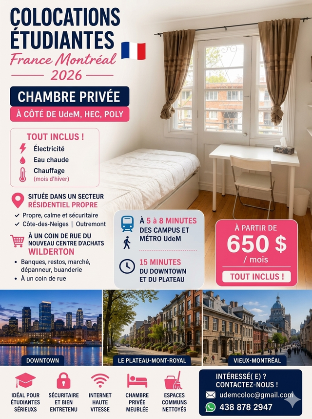 COLOC ETUDIANTE FRANCE MTL UdeM HEC POLY  tout inclu $650