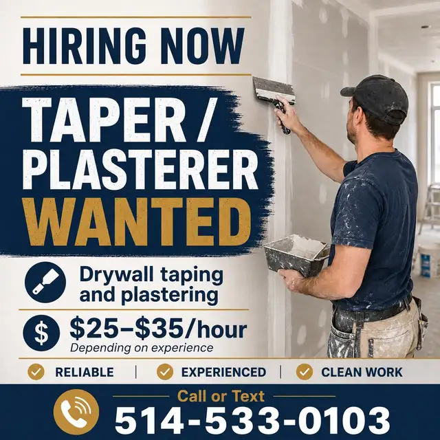 TAPER / PLASTERER WANTED – MONTREAL / WEST ISLAND
