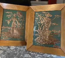 Vintage  Copper Relief Wall Art Pair - MCM Asian Figur