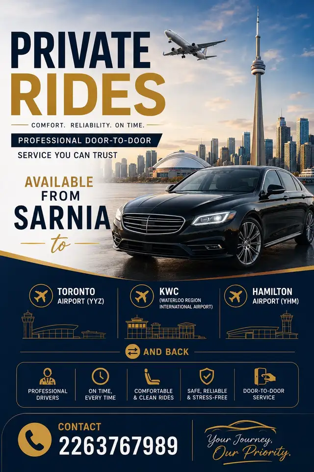 Private Rides from Sarnia to GTA, Toronto & USA Airports as well