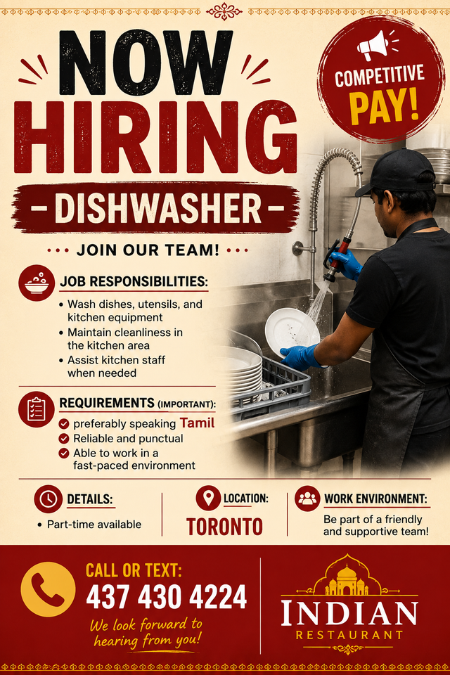 HIRING DISHWASHER!