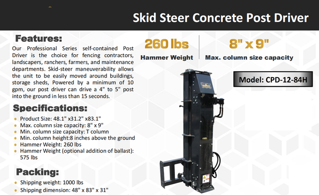 NEW SKID STEER POST DRIVER ATTACHMENT CPD1284H