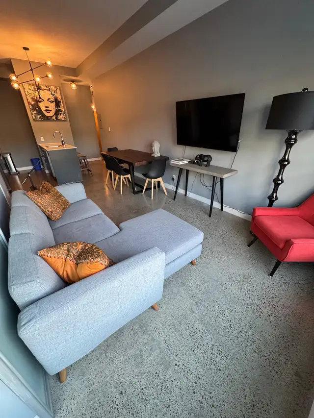 Furniture for quick sale- Sofa/ Red chair/Lamp/Table