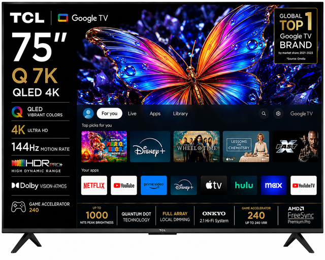 TCL 75' Q7K QLED 4K 144Hz Google TV 75Q77K