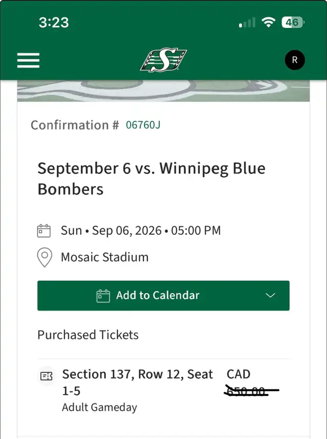Saskatchewan Roughrider Labour Day tickets