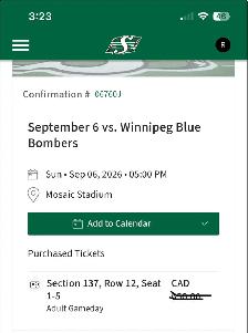 Saskatchewan Roughrider Labour Day tickets