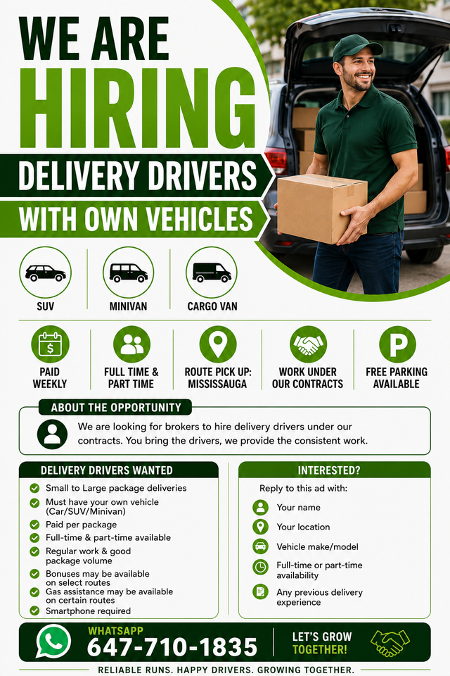 DELIVERY OWNER-OPERATORS WANTED – Full-Time & Part-Time
