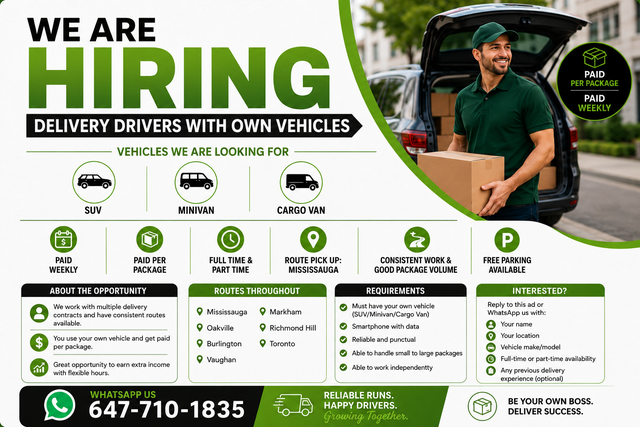 DELIVERY DRIVERS  – OWN VEHICLE REQUIRED – Full-Time & Part-Time