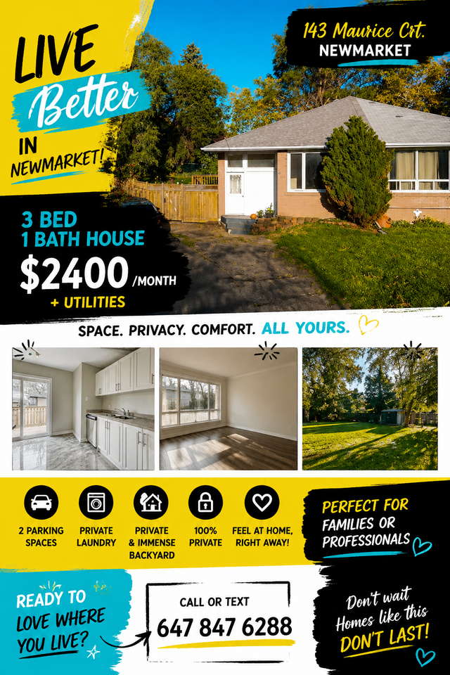 3 Bed   1 Bath Private House – Newmarket
