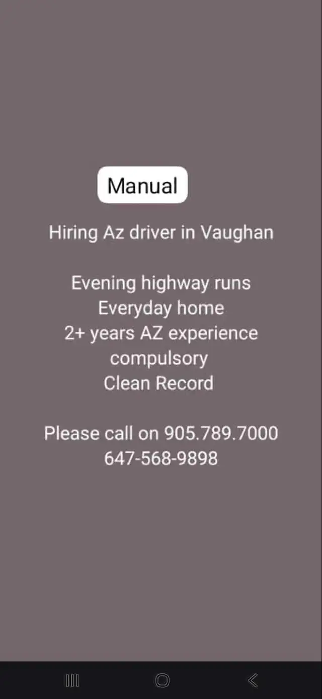 Hiring Az driver for Local Highway in Vaughan
