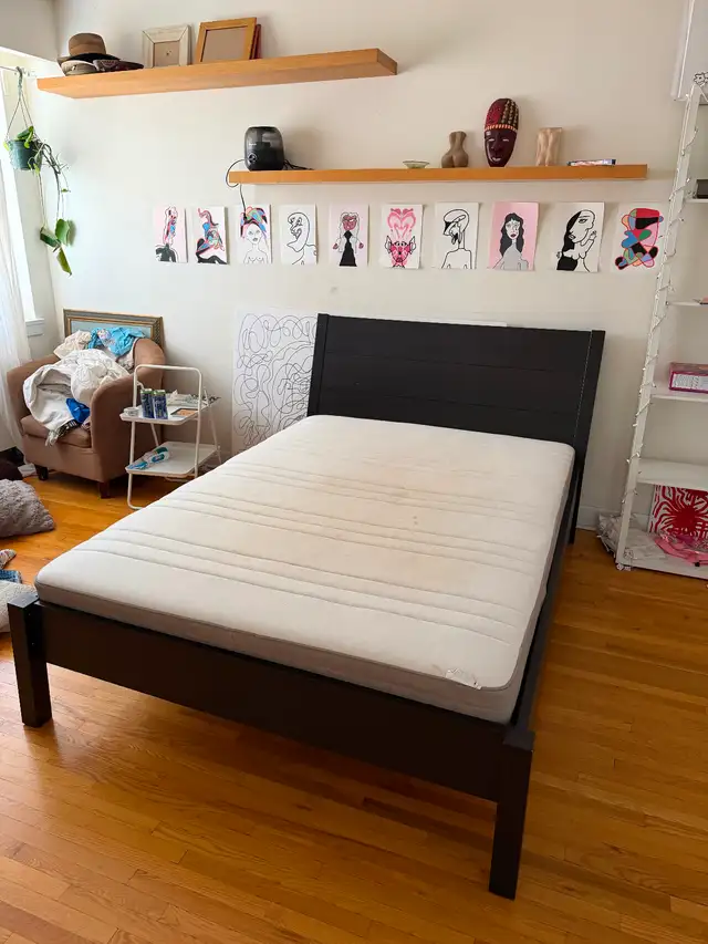 Bed frame, mattress, bedside table with dresser and dinner table