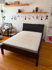Bed frame, mattress, bedside table with dresser and dinner table