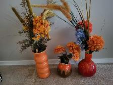 MID CENTURY VASES WITH FLOWERS INCLUDED.