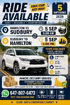 hamilton to sudbury rodeshare book advance 647-807-6473