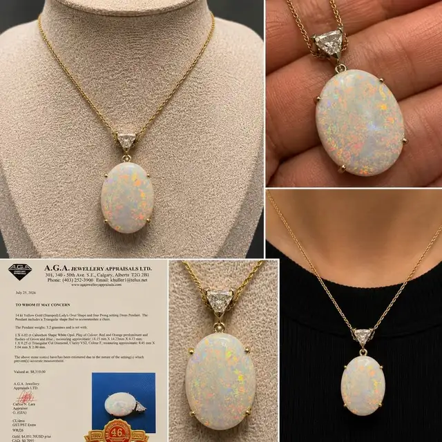 6.02 Carat Natural Opal Pendant in 14karat gold   0.25Ct Diamond