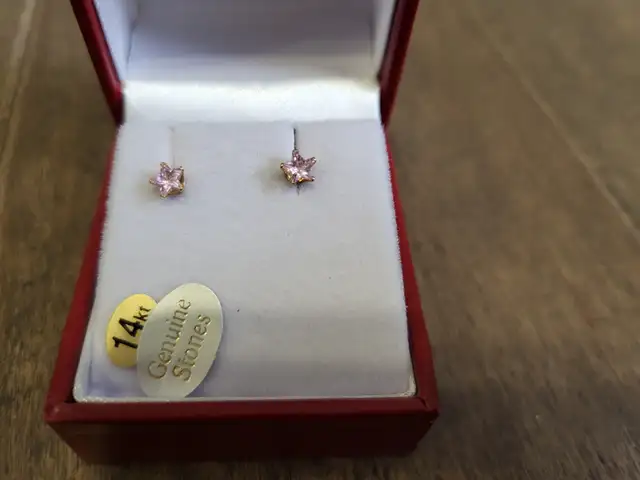 Brand New 14K Yellow Gold Pink Cubic Zirconia Earrings For Sale
