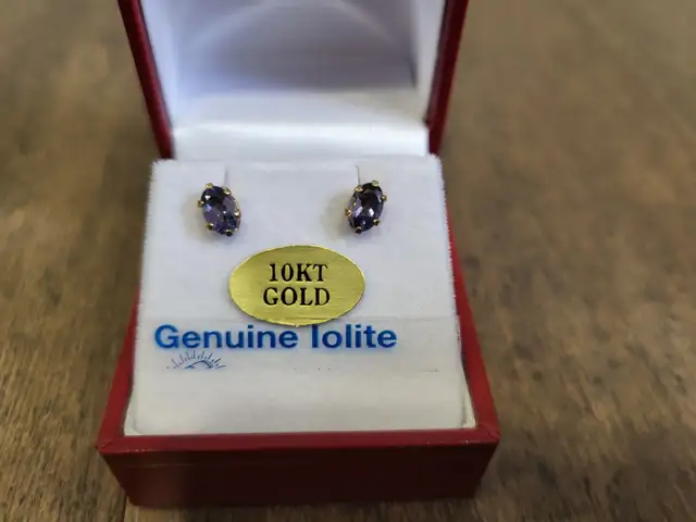Brand New 10K Yellow Gold Iolite Earrings For Sale