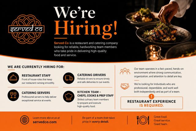 Restaurant & Catering Staff Wanted – Servers, Drivers, Cooks