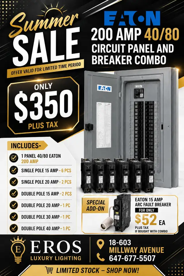 EATON 200 AMP 40/80 PANEL   BREAKER COMBO – $350   TAX