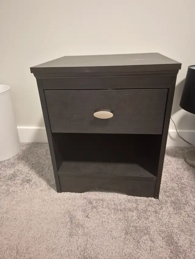 2 dark brown bedside tables