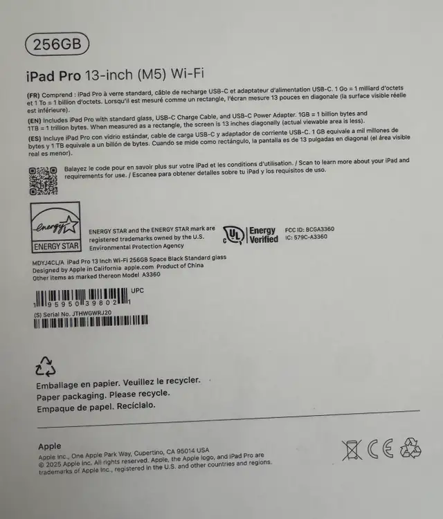 iPad pro 13 inch (M5) wi-fi 256G