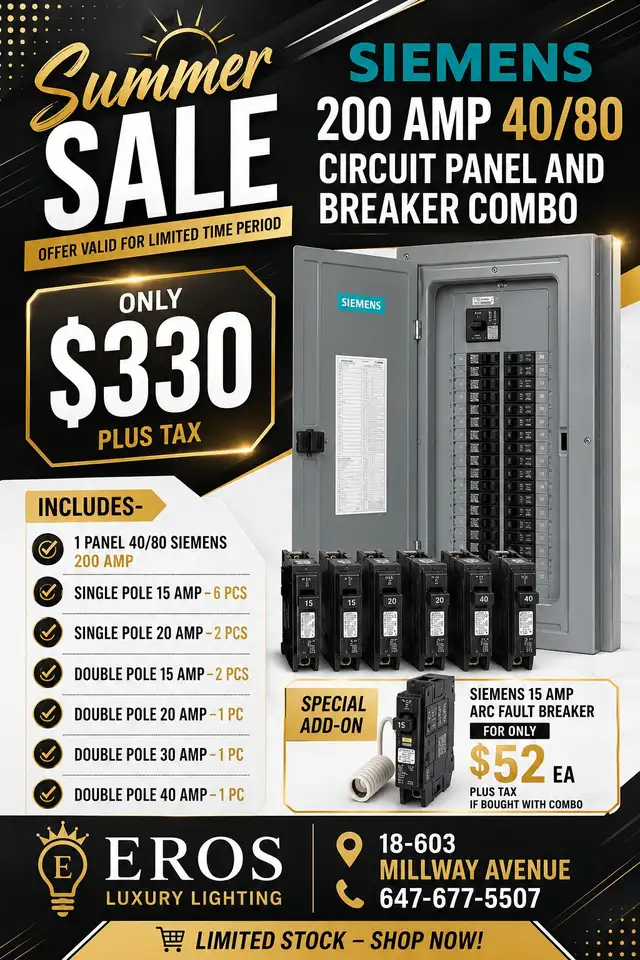SIEMENS 200A 40/80 PANEL   BREAKER COMBO – $330   TAX | LIMITED
