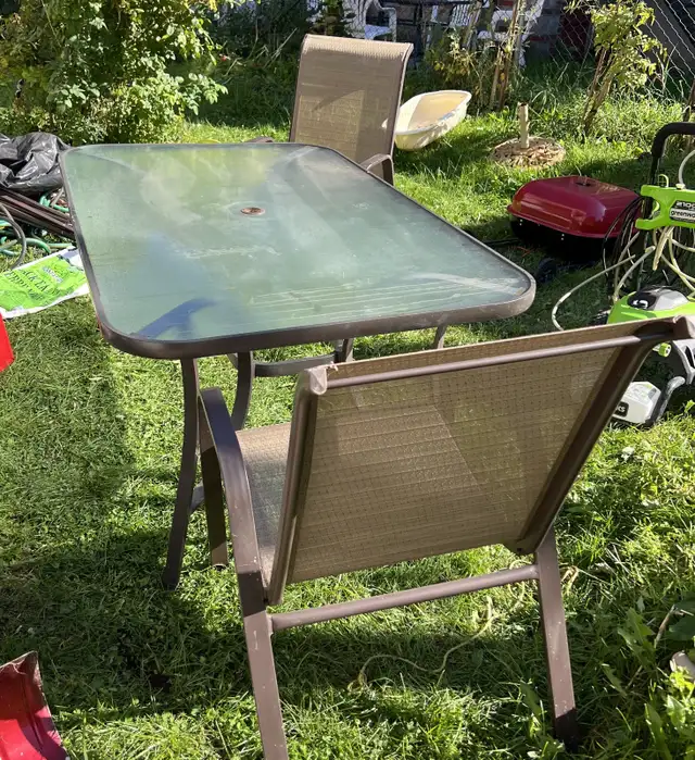 glass top patio table with 6 chairs