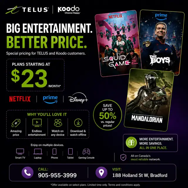 TELUS & Koodo Streaming Deals – Plans Starting at $23/Month!