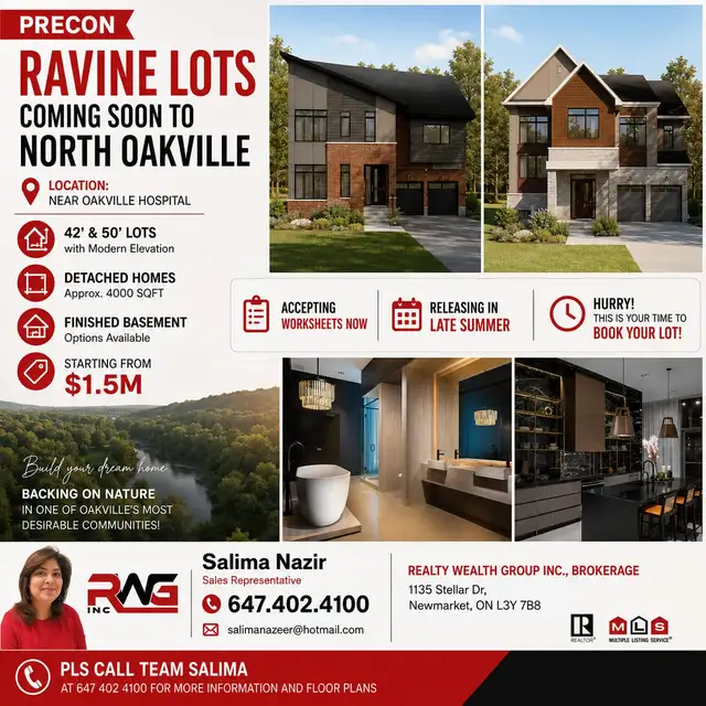 50 ft lots in Oakville and RAVINE