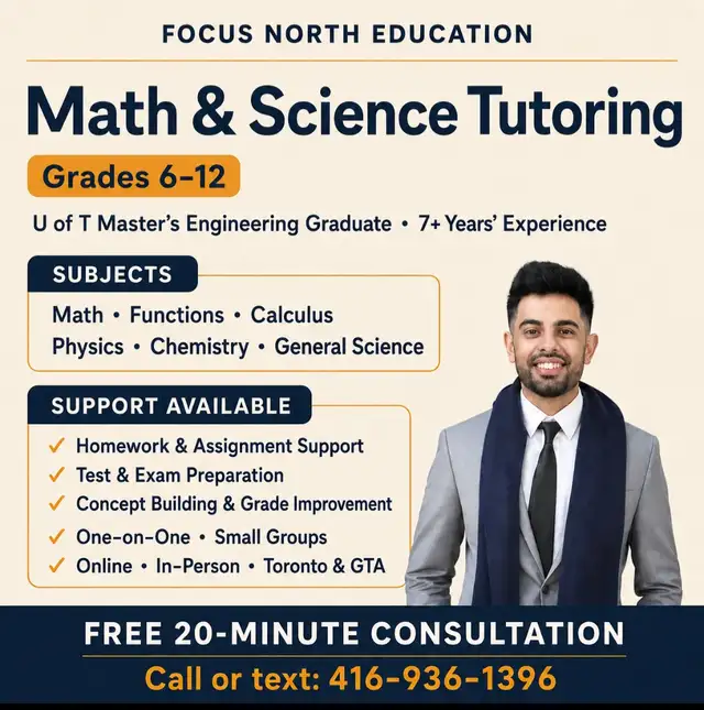 Math and Science Tutor in GTA (Grade 6 to 12).