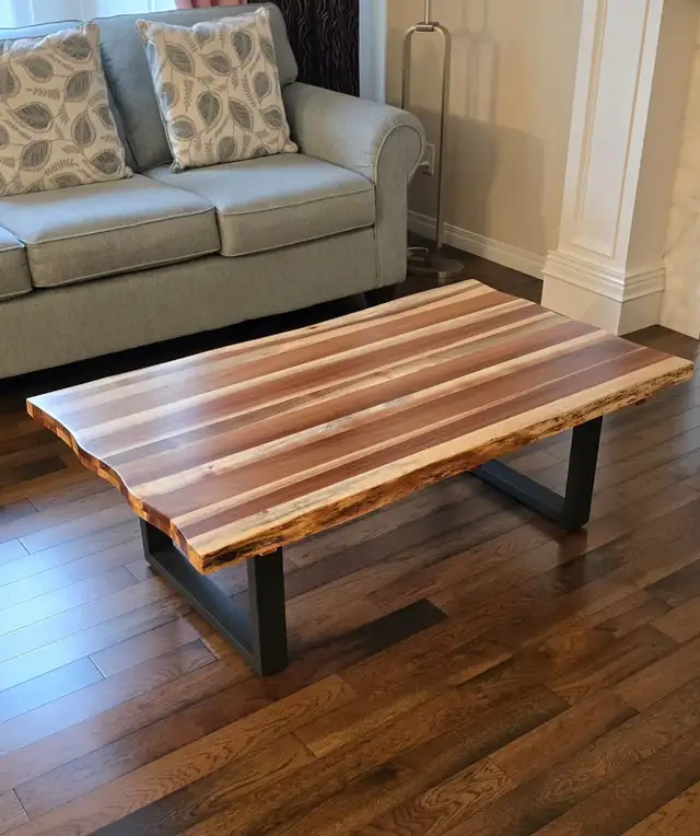 Live-Edge Wood Strip Coffee Table — Black Metal Base — $200
