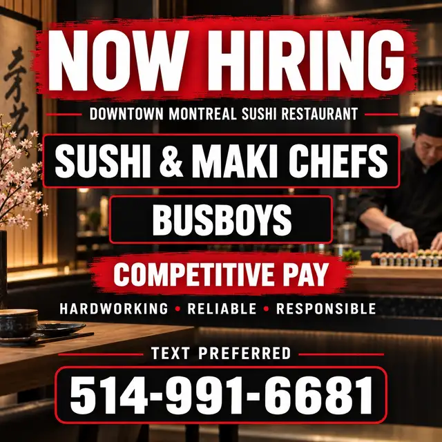 NOW HIRING – DOWNTOWN MONTREAL SUSHI RESTAURANT