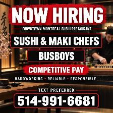 NOW HIRING – DOWNTOWN MONTREAL SUSHI RESTAURANT